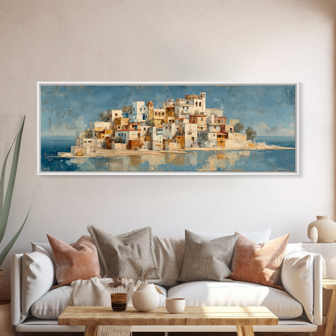 Greek Island White Buildings Above Blue Sea Canvas Print, Mediterranean Art, Coastal Wall Art, Living Room Decor, MAR-3x1-41