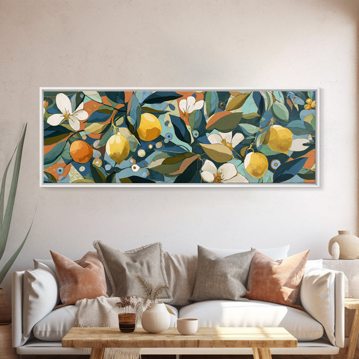 Olive Branch and Lemons on Terracotta Ground Canvas Print, Mediterranean Art, Farmhouse Decor, Living Room Decor, MAR-3x1-42