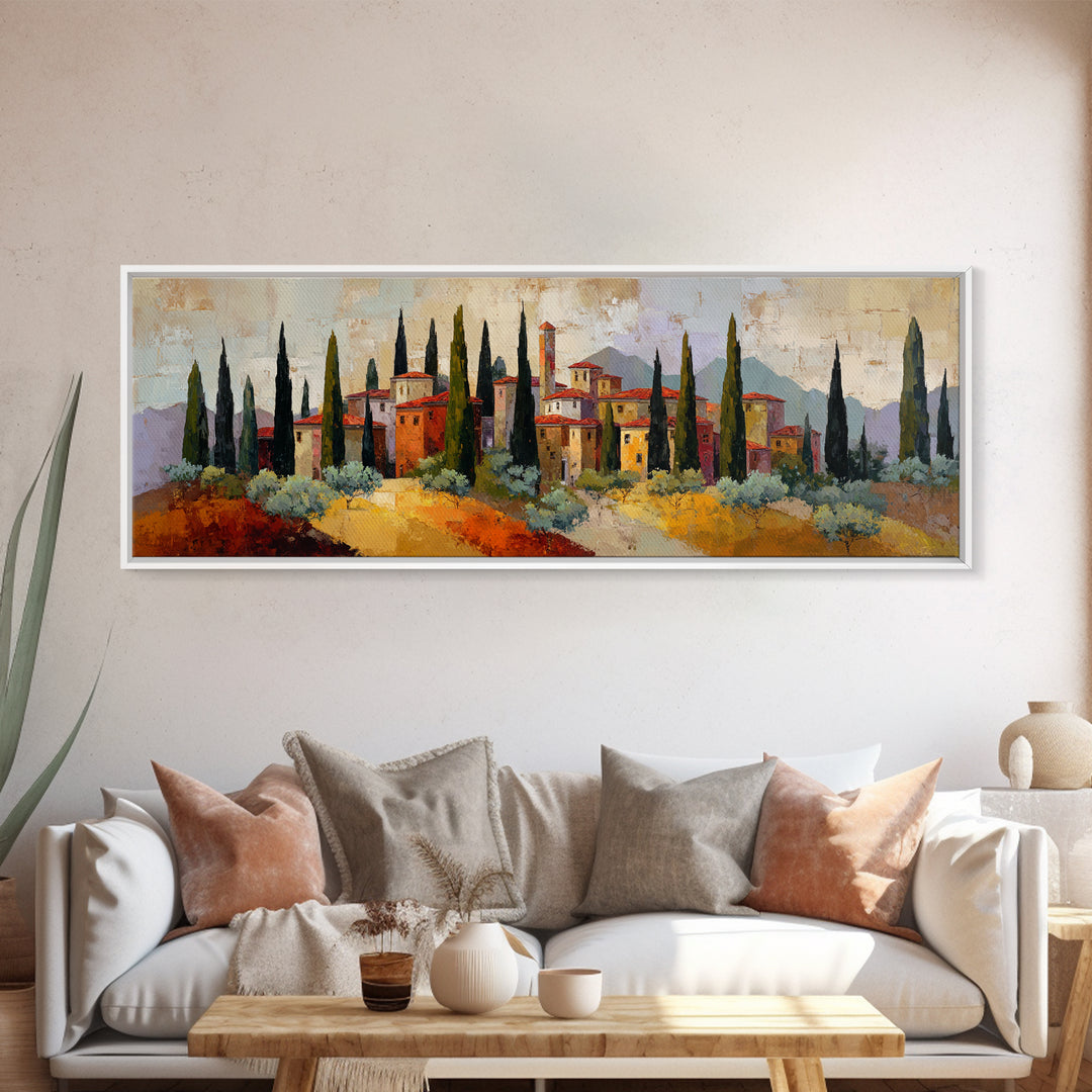 Tuscan Cypress Trees and Golden Hillside Canvas Print, Mediterranean Art, Horizontal Wall Art, Living Room Decor, Azure, MAR-3x1-46