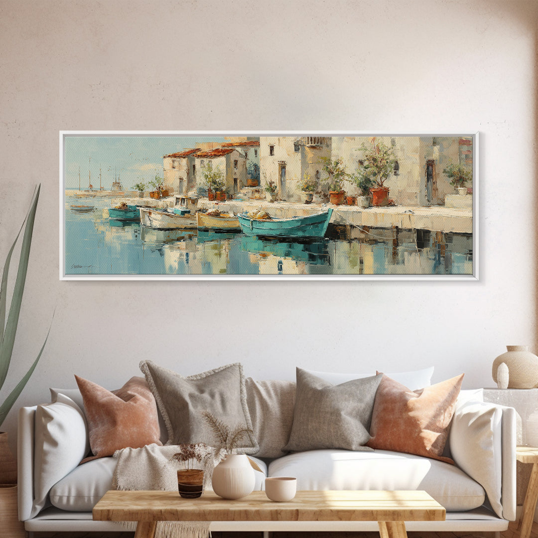 Coastal Fishing Boats Framed Canvas Print, Mediterranean Art, Contemporary Art, Living Room Decor, Oil Painting, Azure, MAR-3x1-47
