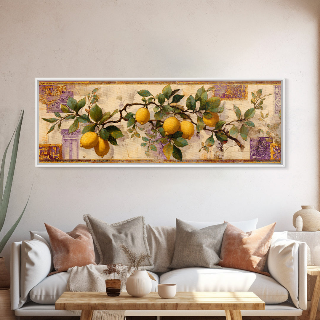 Sicilian Lemon Branch on Ivory Background Framed Canvas Print, Mediterranean Art, Original Painting, Living Room Decor, Azure, MAR-3x1-5