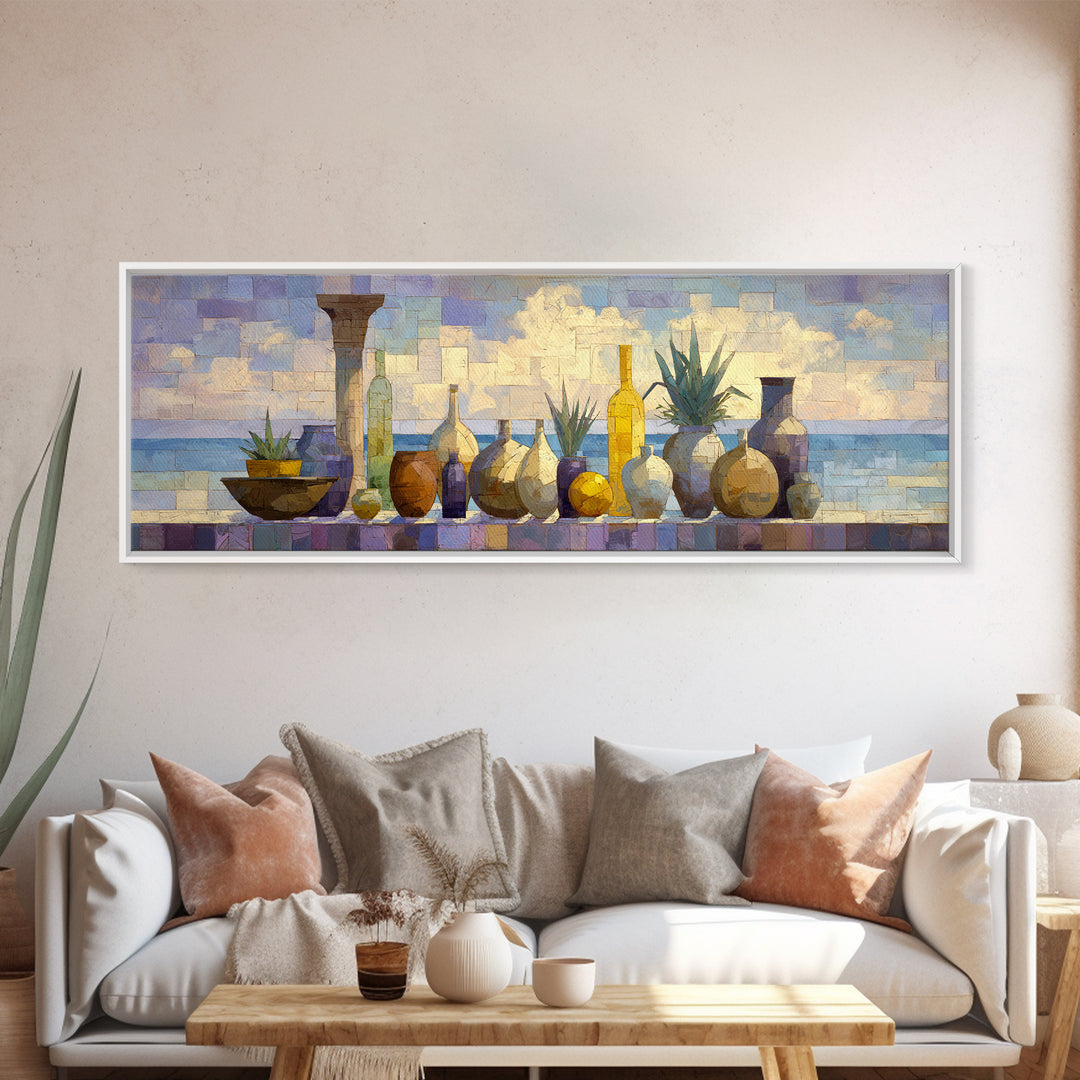 Ancient Column with Sea and Sky Beyond Framed Canvas Print, Mediterranean Art, Luxury Decor, Living Room Decor, Abstract Art, MAR-3x1-52