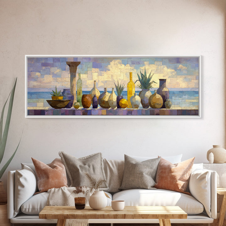 Ancient Column with Sea and Sky Beyond Framed Canvas Print, Mediterranean Art, Luxury Decor, Living Room Decor, Abstract Art, MAR-3x1-52