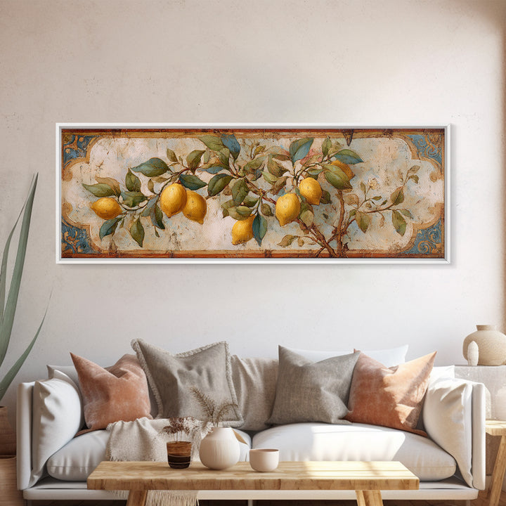 Sicilian Lemon Branch on Ivory Background Canvas Print, Mediterranean Art, Modern Wall Art, Living Room Decor, Azure, MAR-3x1-53