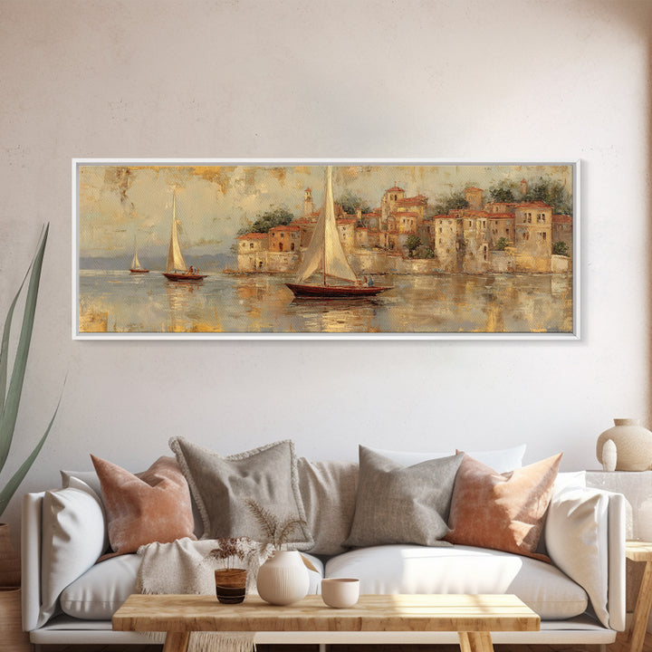 Mediterranean Sailboat on Glassy Water Framed Canvas Print, Mediterranean Art, Printable Art, Living Room Decor, Azure, MAR-3x1-58