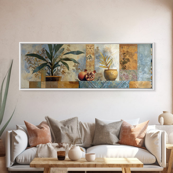 Pomegranate Still Life Framed Canvas Print, Mediterranean Art, Textured Painting, Living Room Decor, Fine Art, Azure, MAR-3x1-59