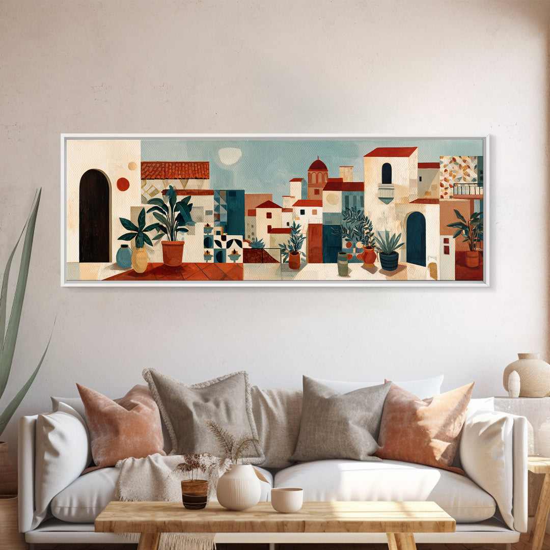 Sunset over Red Tiled Rooftops Framed Canvas Print, Mediterranean Art, Boho Decor, Living Room Decor, Fine Art, Azure, MAR-3x1-63