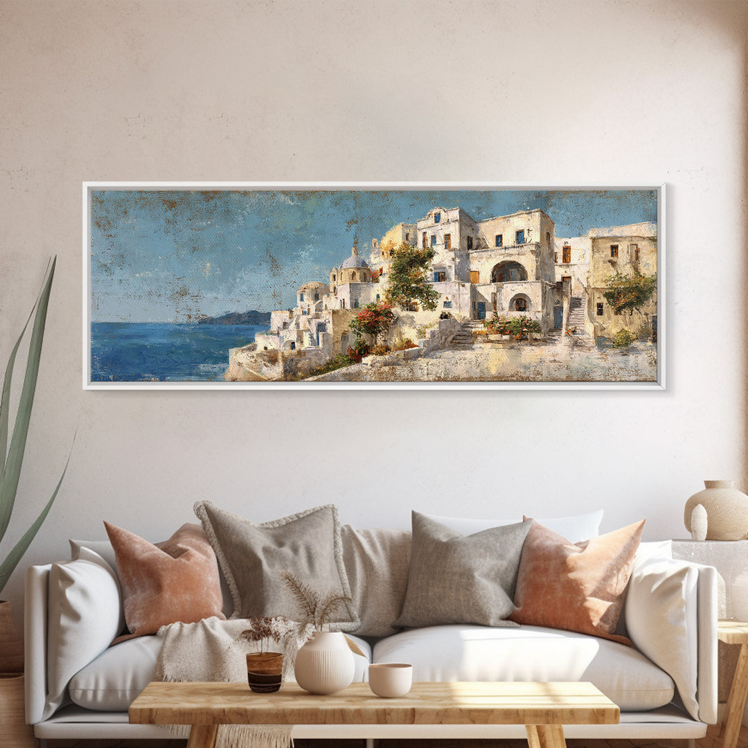 Greek Island White Buildings Above Blue Sea Canvas Print, Mediterranean Art, Coastal Wall Art, Living Room Decor, MAR-3x1-65