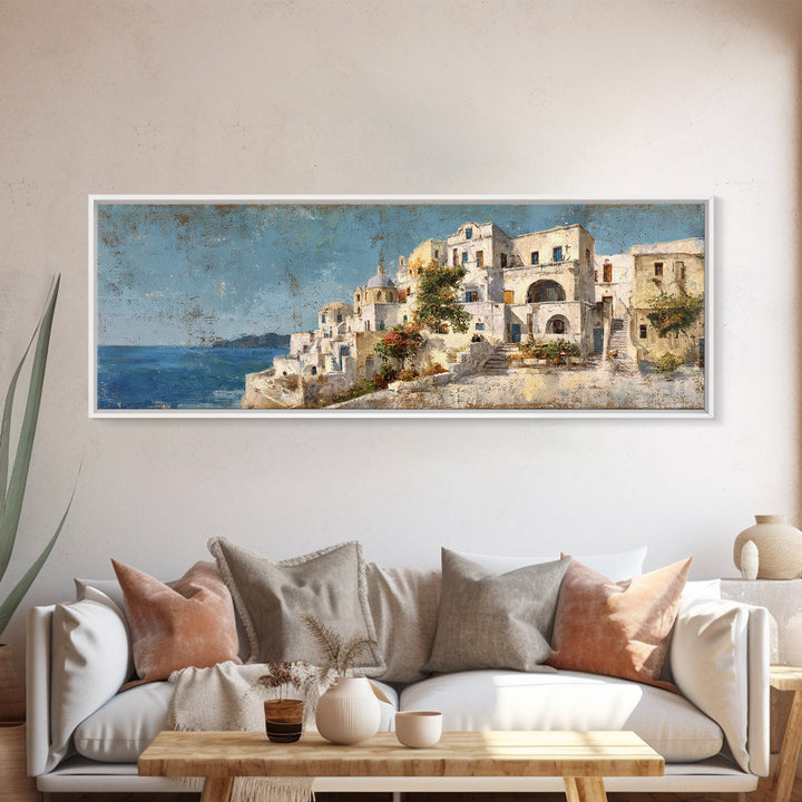 Greek Island White Buildings Above Blue Sea Canvas Print, Mediterranean Art, Coastal Wall Art, Living Room Decor, MAR-3x1-65