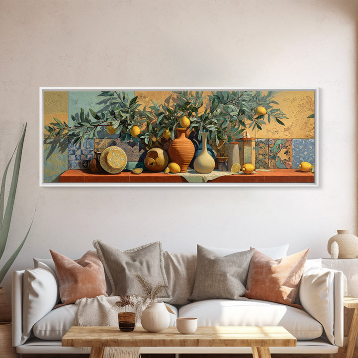 Olive Branch and Lemons on Terracotta Ground Canvas Print, Mediterranean Art, Farmhouse Decor, Living Room Decor, MAR-3x1-66