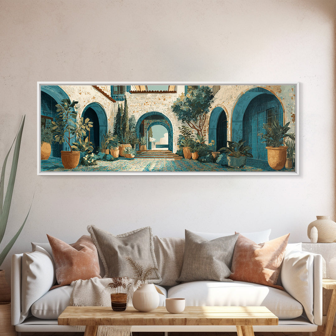Mediterranean Arch Framing Ocean Horizon Framed Canvas Print, Mediterranean Art, Digital Wall Art, Living Room Decor, Azure, MAR-3x1-67