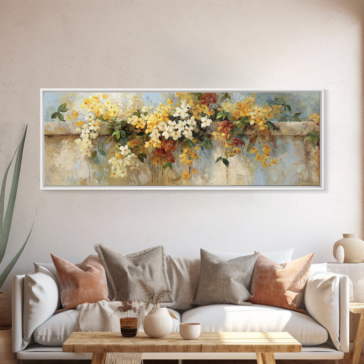 Bougainvillea Cascading over Stone Wall Framed Canvas Print, Mediterranean Art, Digital Art Prints, Living Room Decor, Azure, MAR-3x1-69