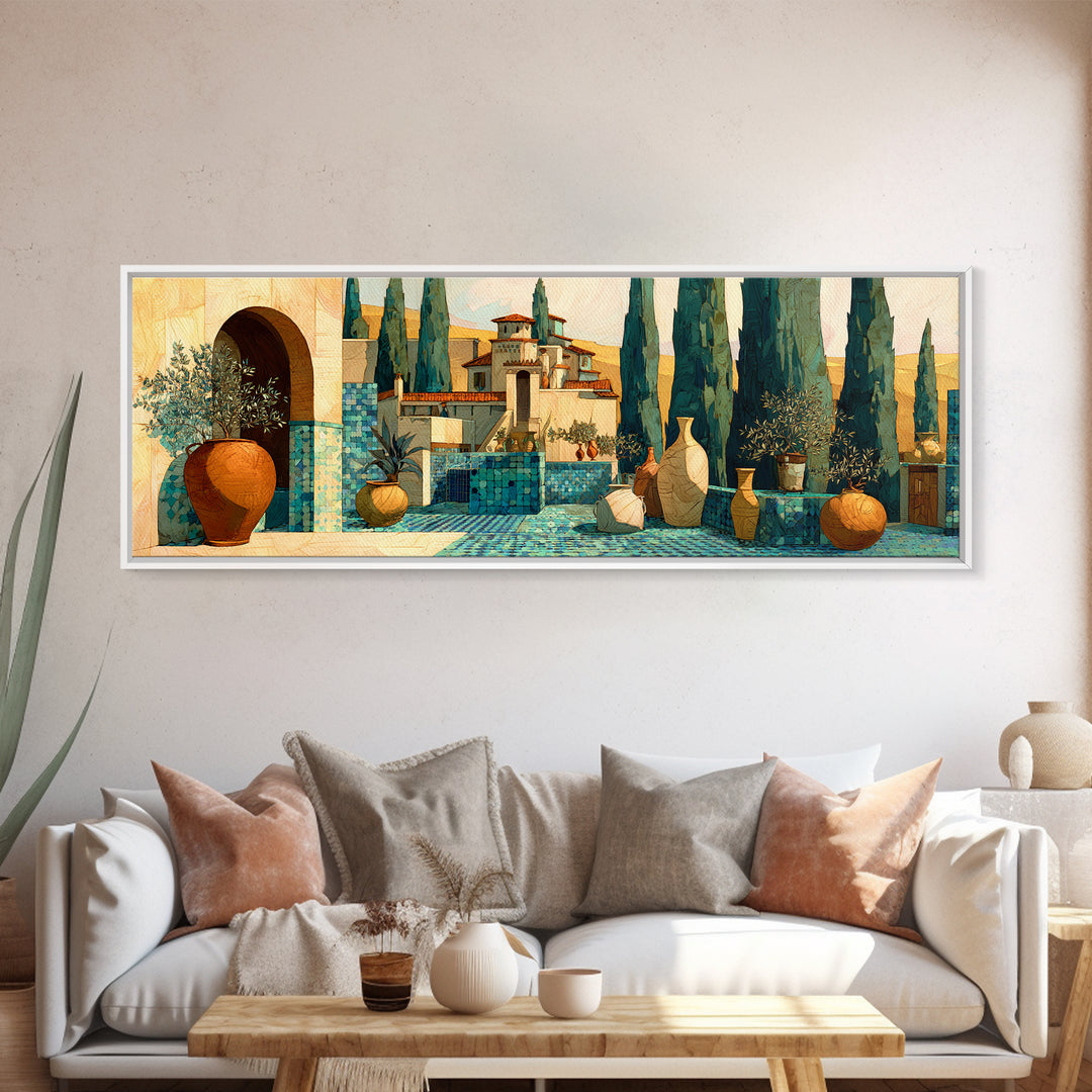 Tuscan Cypress Trees and Golden Hillside Canvas Print, Mediterranean Art, Modern Decor, Living Room Decor, Oil Painting, Azure, MAR-3x1-70