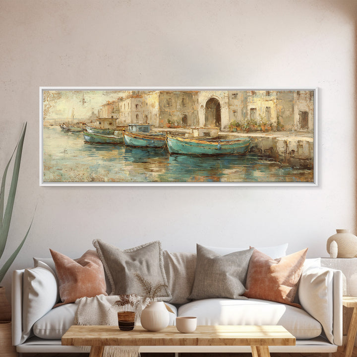 Coastal Fishing Boats Canvas Print, Mediterranean Art, Large Wall Art, Living Room Decor, Fine Art, Azure, Digital Art Prints, MAR-3x1-71