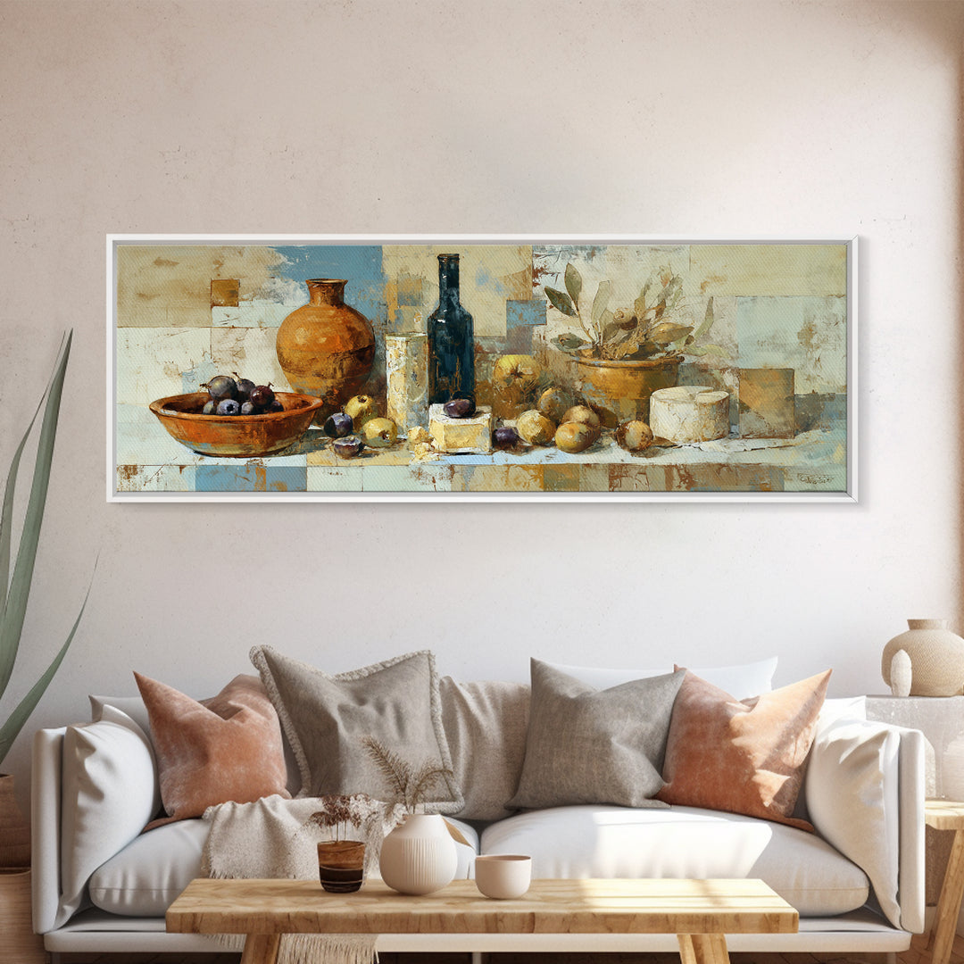 Figs Olives and Cheese Still Life Framed Canvas Print, Mediterranean Art, Minimalist Decor, Living Room Decor, Fine Art, Azure, MAR-3x1-72