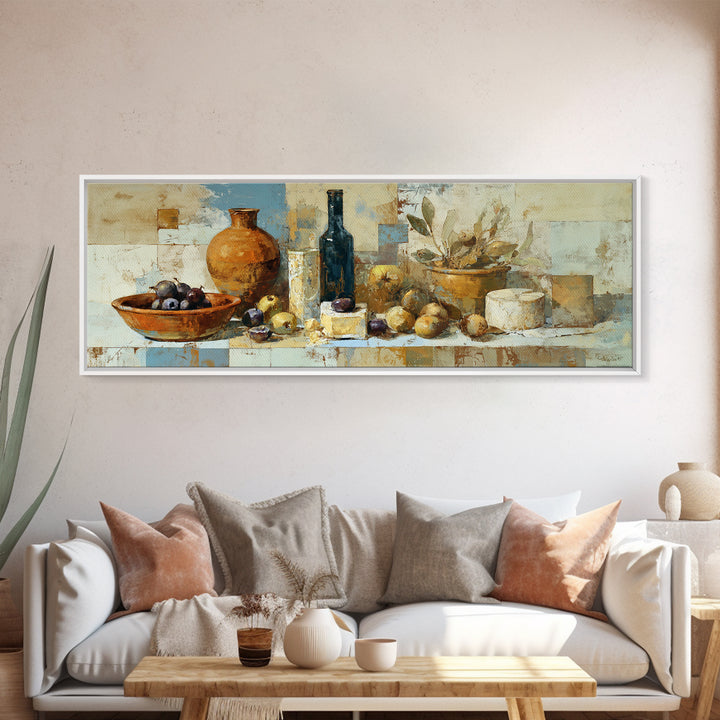 Figs Olives and Cheese Still Life Framed Canvas Print, Mediterranean Art, Minimalist Decor, Living Room Decor, Fine Art, Azure, MAR-3x1-72