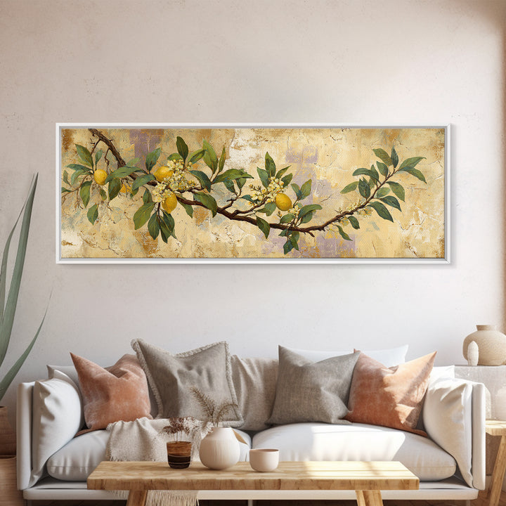 Sicilian Lemon Branch on Ivory Background Canvas Print, Mediterranean Art, Modern Wall Art, Living Room Decor, Azure, MAR-3x1-77