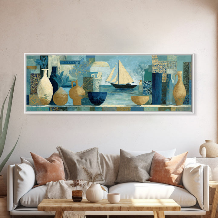 Mediterranean Sailboat on Glassy Water Framed Canvas Print, Mediterranean Art, Printable Art, Living Room Decor, Azure, MAR-3x1-82