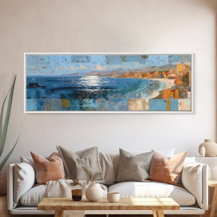 Coastal Cliffs with Sparkling Blue Water Framed Canvas Print, Mediterranean Art, Printable Wall Art, Living Room Decor, Azure, MAR-3x1-84