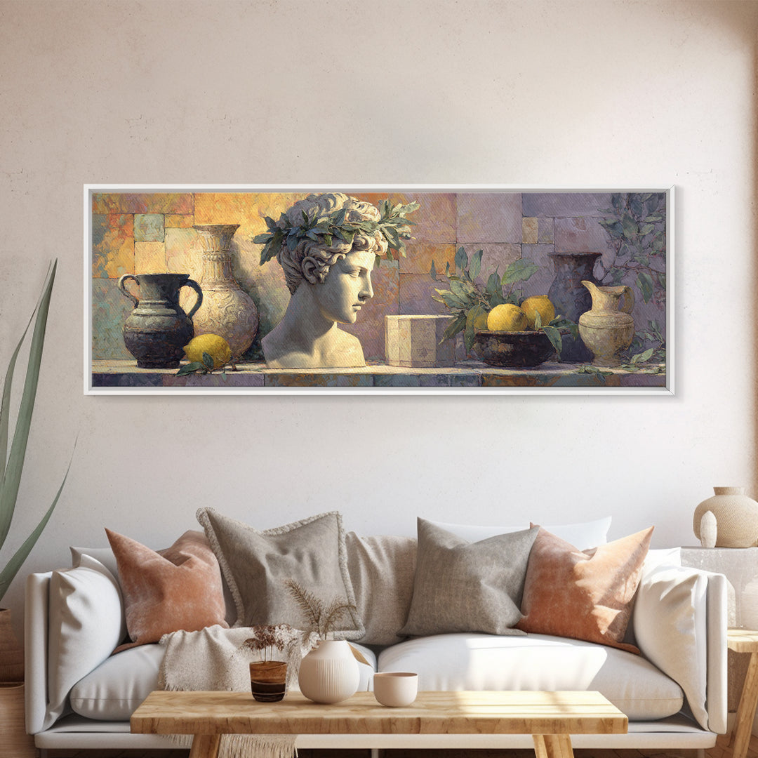 Roman Statue Bust Canvas Print, Mediterranean Art, Digital Wall Art, Living Room Decor, Watercolor Art, Azure, Coastal Wall Art, MAR-3x1-86
