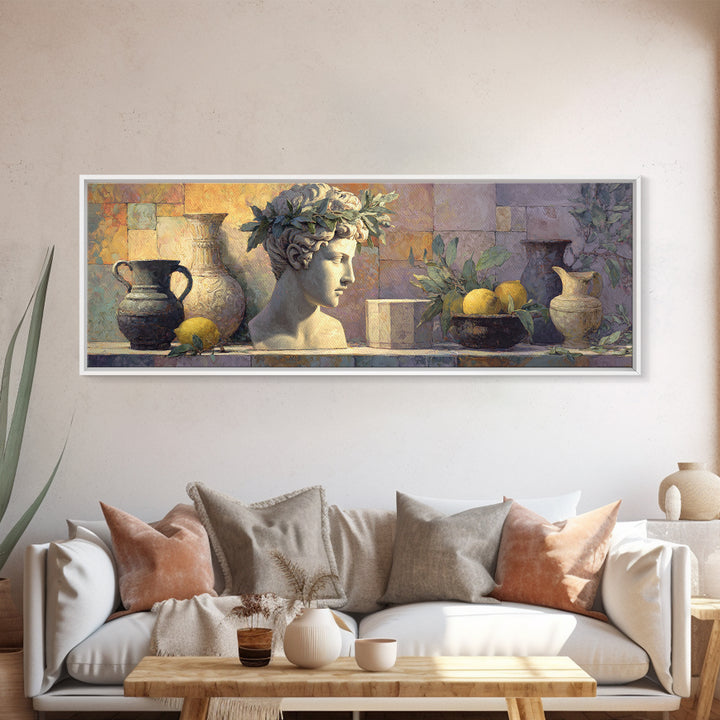 Roman Statue Bust Canvas Print, Mediterranean Art, Digital Wall Art, Living Room Decor, Watercolor Art, Azure, Coastal Wall Art, MAR-3x1-86