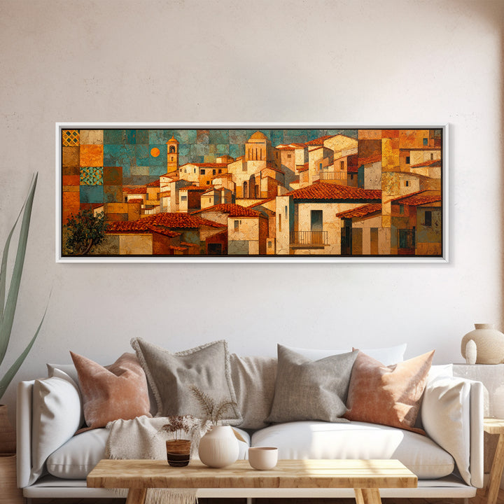 Sunset over Red Tiled Rooftops Framed Canvas Print, Mediterranean Art, Oil Painting, Living Room Decor, Fine Art, Azure, MAR-3x1-87