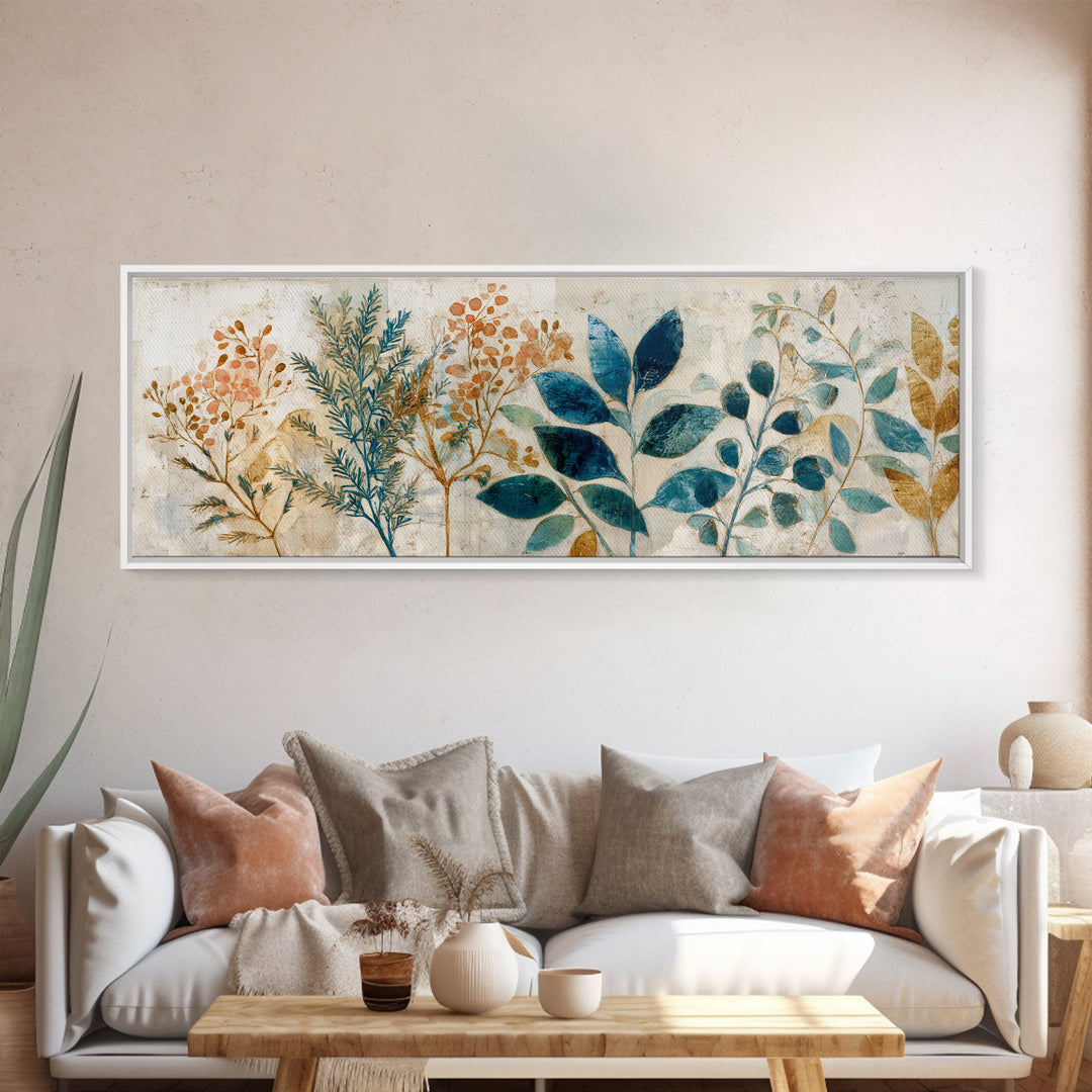 Wild Herbs Rosemary and Thyme Botanical Study Canvas Print, Mediterranean Art, Textured Painting, Living Room Decor, Azure, MAR-3x1-88