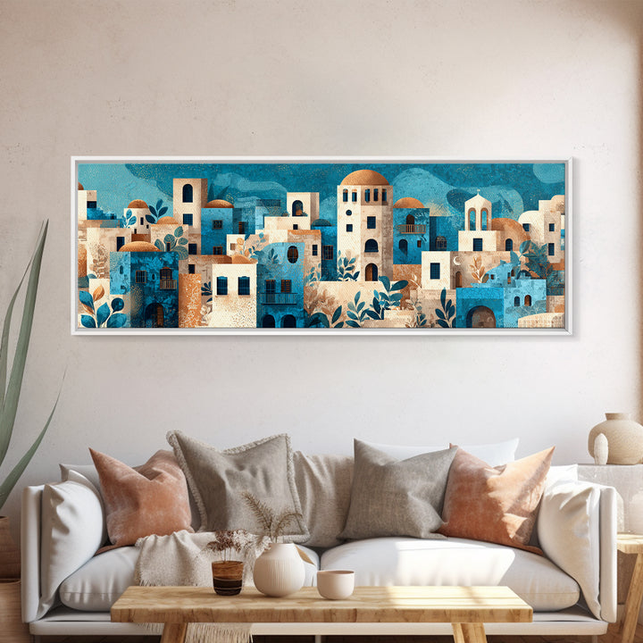 Greek Island White Buildings Above Blue Sea Canvas Print, Mediterranean Art, Landscape Painting, Living Room Decor, Azure, MAR-3x1-89