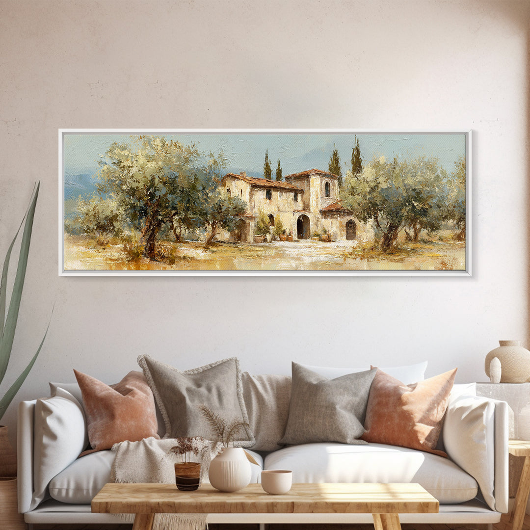 Olive Grove under Pale Morning Light Framed Canvas Print, Mediterranean Art, Oil Painting, Living Room Decor, Fine Art, Azure, MAR-3x1-9