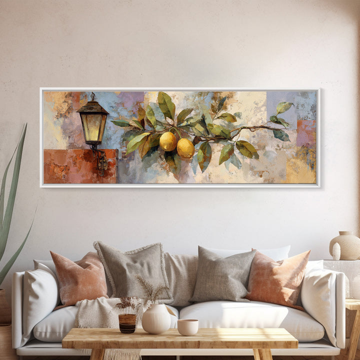 Olive Branch and Lemons on Terracotta Ground Framed Canvas Print, Mediterranean Art, Nautical Decor, Living Room Decor, Azure, MAR-3x1-90