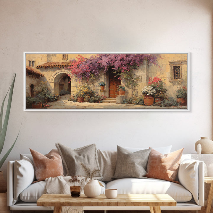 Bougainvillea Cascading over Stone Wall Canvas Print, Mediterranean Art, Coastal Art, Living Room Decor, Fine Art, Azure, MAR-3x1-93