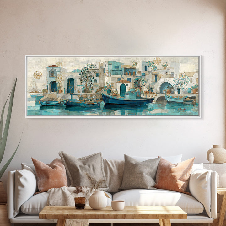 Coastal Fishing Boats Canvas Print, Mediterranean Art, Gallery Decor, Living Room Decor, Oil Painting, Azure, Minimalist Decor, MAR-3x1-95