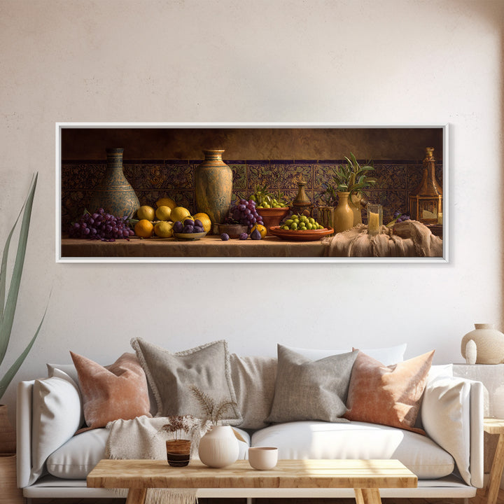 Figs Olives and Cheese Still Life Canvas Print, Mediterranean Art, Gallery Wall Art, Living Room Decor, Fine Art, Azure, MAR-3x1-96