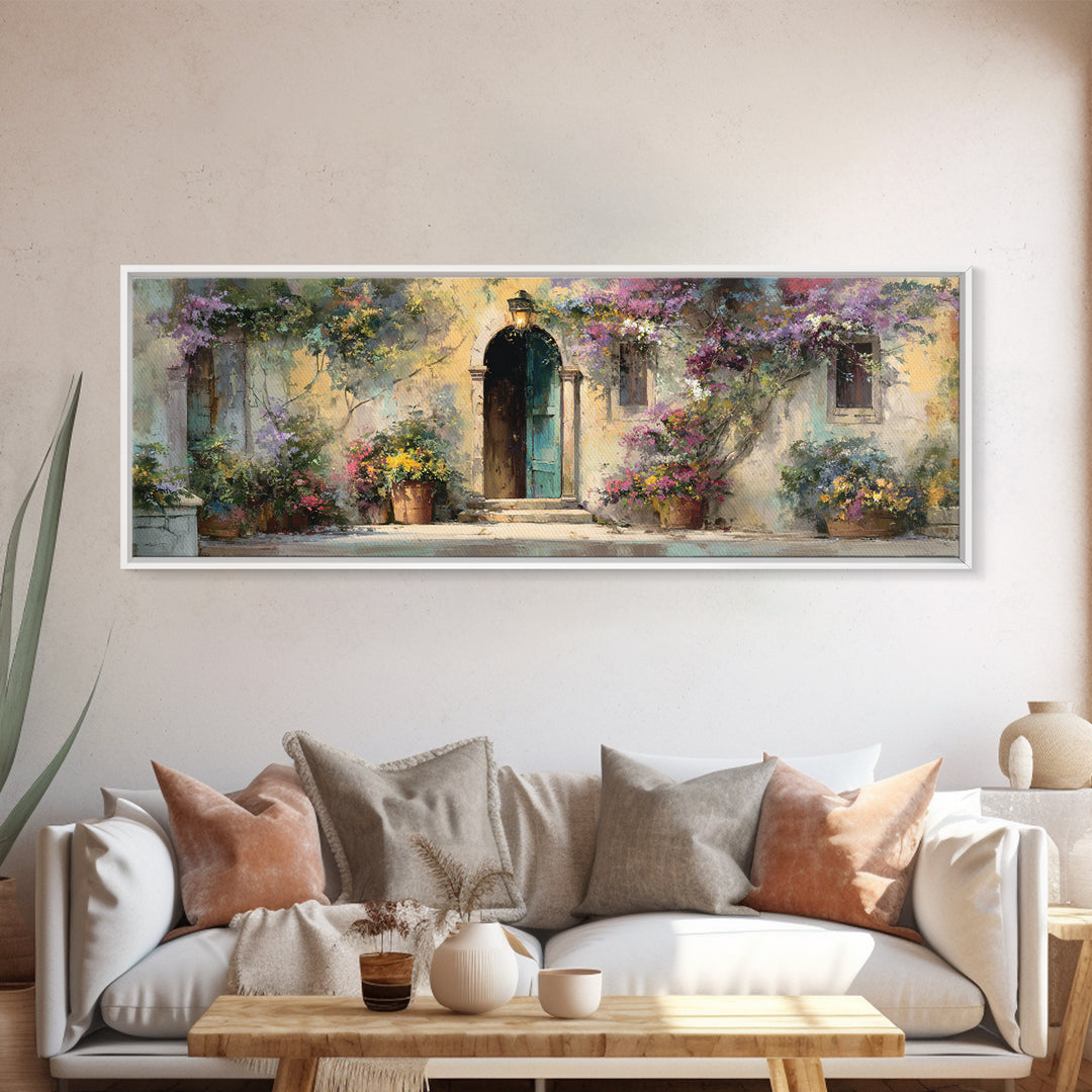 Sunlit Courtyard Doorway Framed Canvas Print, Mediterranean Art, Wall Decor, Living Room Decor, Oil Painting, Azure, MAR-3x1-99