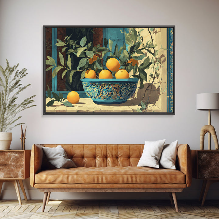 Ceramic Bowl of Oranges and Leaves Canvas Print, Mediterranean Art, Large Wall Art, Living Room Decor, Fine Art, Azure, MAR-3x2-1