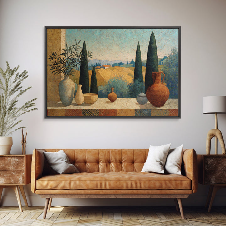 Tuscan Cypress Trees and Golden Hillside Framed Canvas Print, Mediterranean Art, Framed Wall Art, Living Room Decor, Azure, MAR-3x2-10