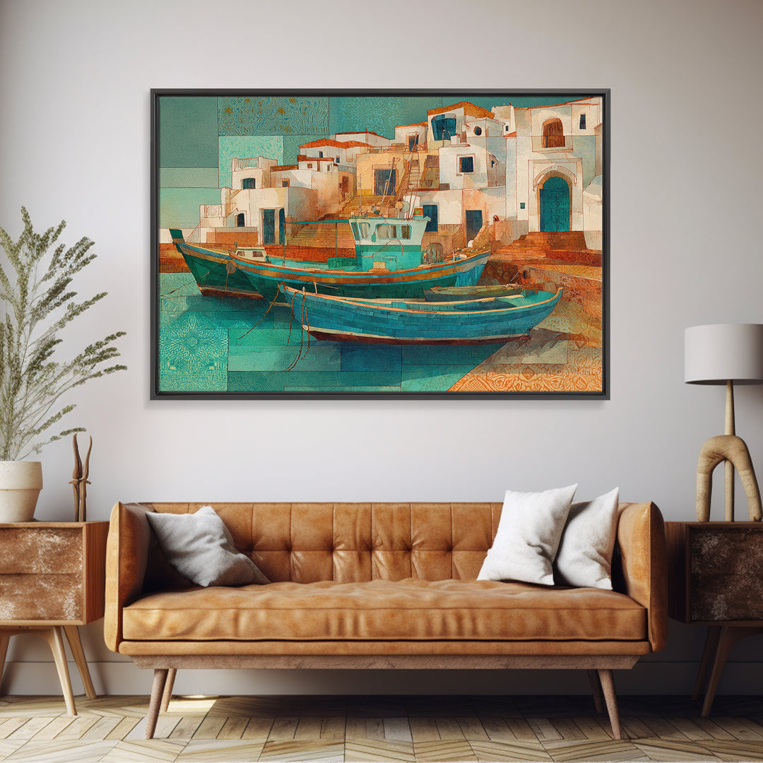 Coastal Fishing Boats Canvas Print, Mediterranean Art, Farmhouse Decor, Living Room Decor, Fine Art, Azure, Landscape Painting, MAR-3x2-11