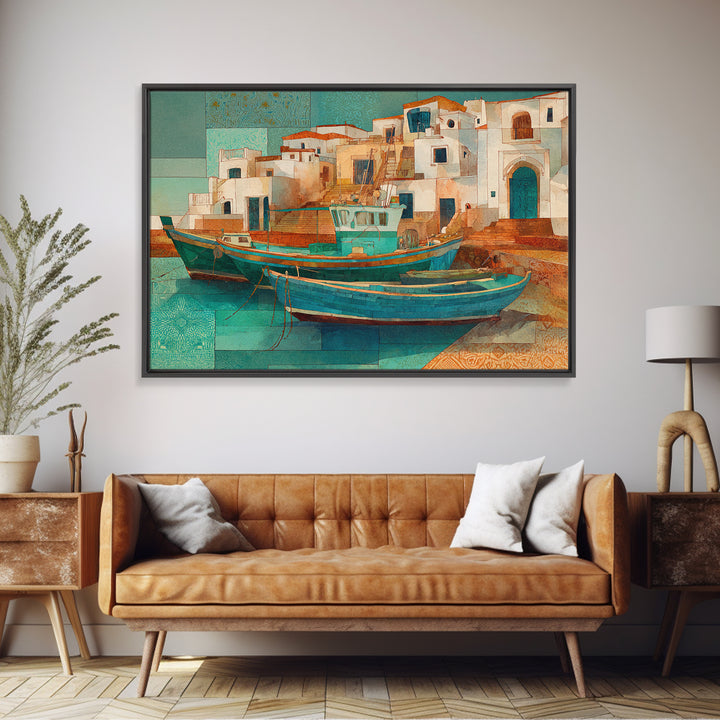 Coastal Fishing Boats Canvas Print, Mediterranean Art, Farmhouse Decor, Living Room Decor, Fine Art, Azure, Landscape Painting, MAR-3x2-11