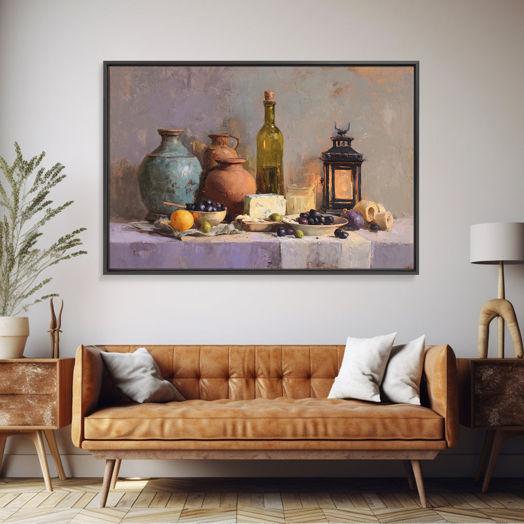 Figs Olives and Cheese Still Life Canvas Print, Mediterranean Art, Oil Painting, Living Room Decor, Azure, Nautical Decor, MAR-3x2-12