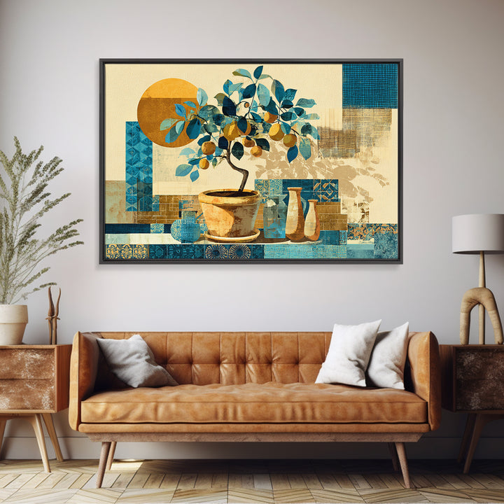 Citrus Tree in Clay Pot Framed Canvas Print, Mediterranean Art, Printable Wall Art, Living Room Decor, Fine Art, Azure, MAR-3x2-14