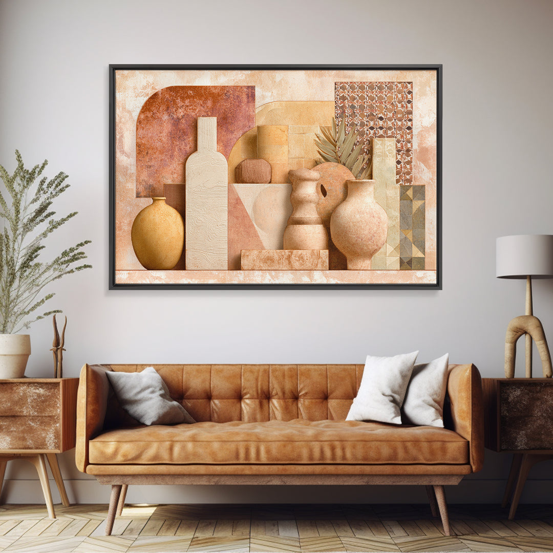Warm Terra Cotta Abstract Landscape Framed Canvas Print, Mediterranean Art, Original Painting, Living Room Decor, Azure, MAR-3x2-18