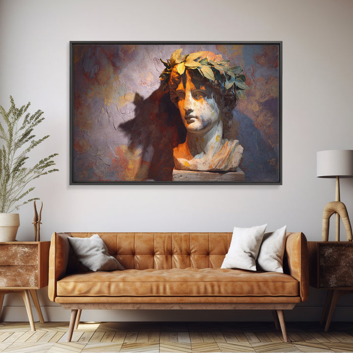 Roman Statue Bust Framed Canvas Print, Mediterranean Art, Minimalist Decor, Living Room Decor, Azure, Horizontal Wall Art, MAR-3x2-2
