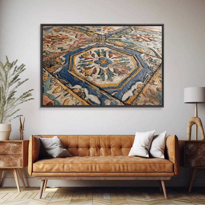 Spanish Tile Ornament Framed Canvas Print, Mediterranean Art, Large Wall Art, Living Room Decor, Azure, Digital Art Prints, MAR-3x2-20