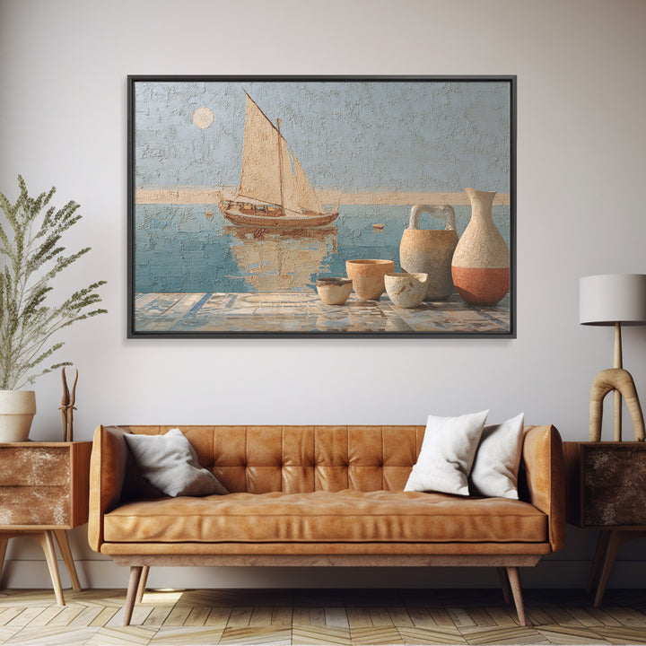 Mediterranean Sailboat on Glassy Water Canvas Print, Mediterranean Art, Oil Painting, Living Room Decor, Azure, Nautical Decor, MAR-3x2-22