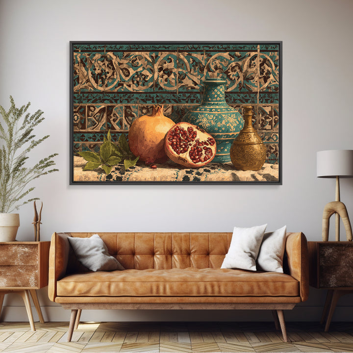 Pomegranate Still Life Framed Canvas Print, Mediterranean Art, Framed Wall Art, Living Room Decor, Azure, Watercolor Art, MAR-3x2-23