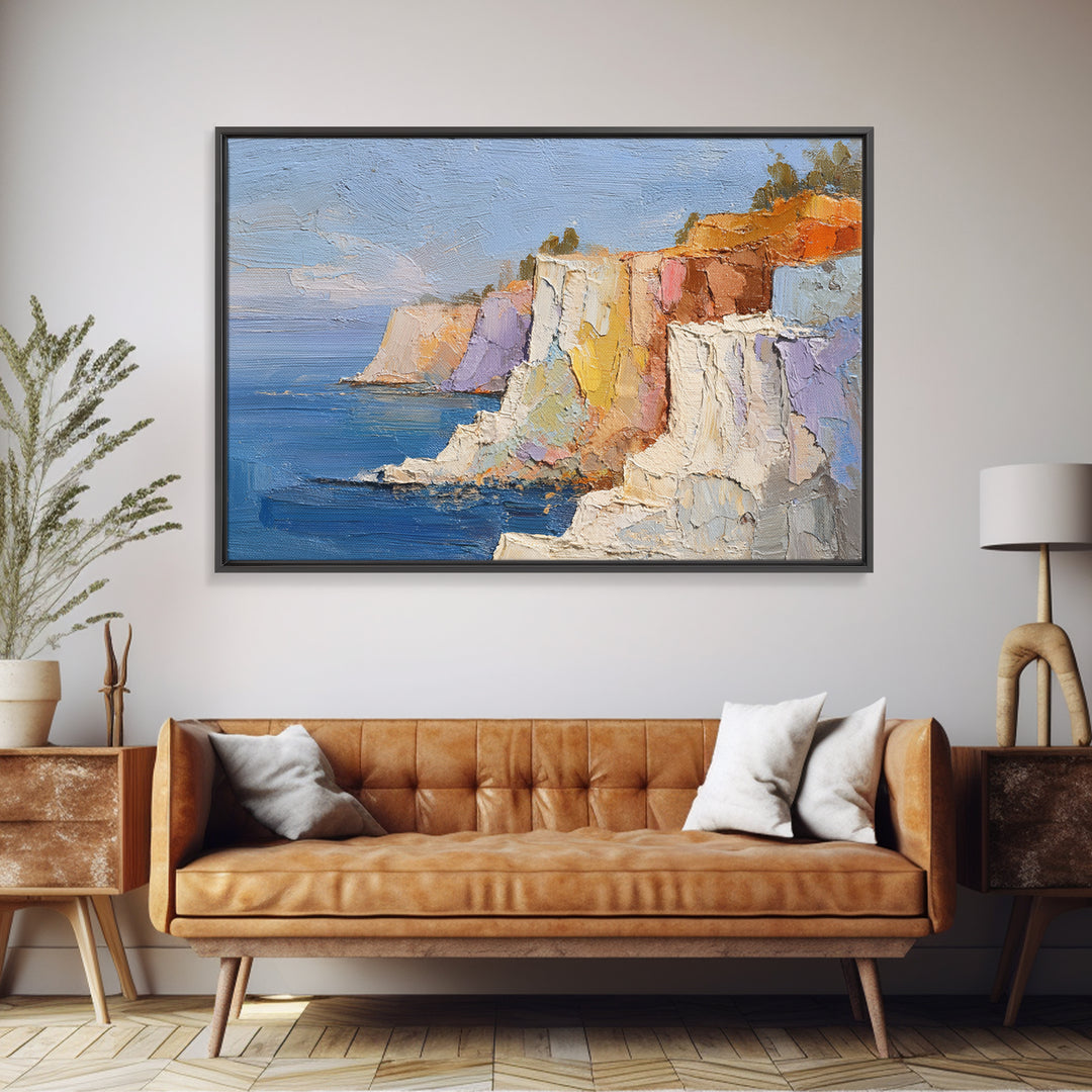 Coastal Cliffs with Sparkling Blue Water Framed Canvas Print, Mediterranean Art, Framed Wall Art, Living Room Decor, Azure, MAR-3x2-24