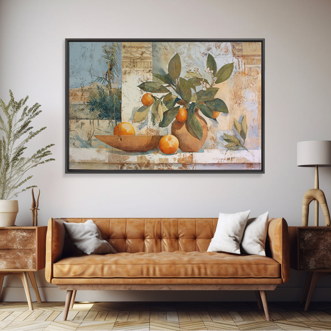 Ceramic Bowl of Oranges and Leaves Framed Canvas Print, Mediterranean Art, Horizontal Wall Art, Living Room Decor, Abstract Art, MAR-3x2-25