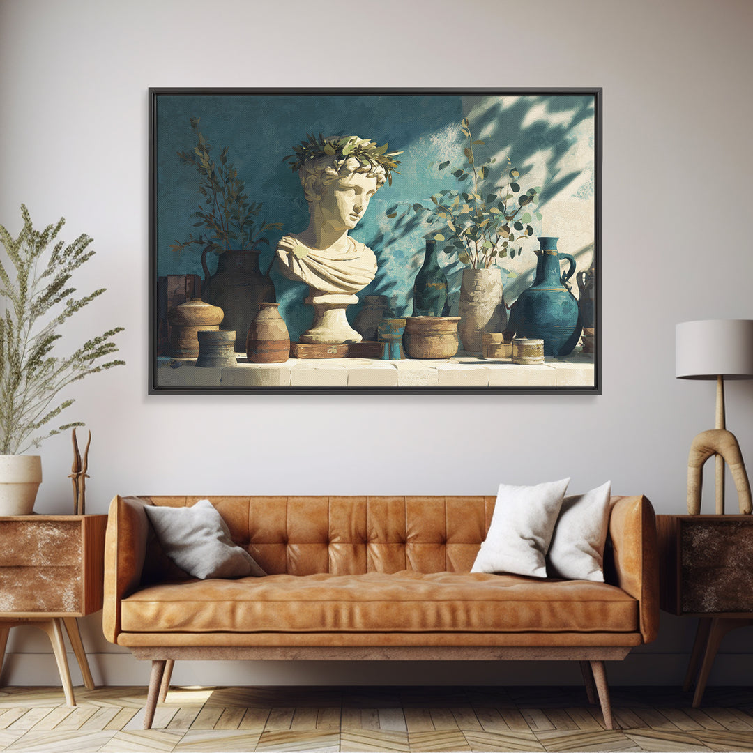 Roman Statue Bust Canvas Print, Mediterranean Art, Digital Wall Art, Living Room Decor, Watercolor Art, Azure, Coastal Wall Art, MAR-3x2-26