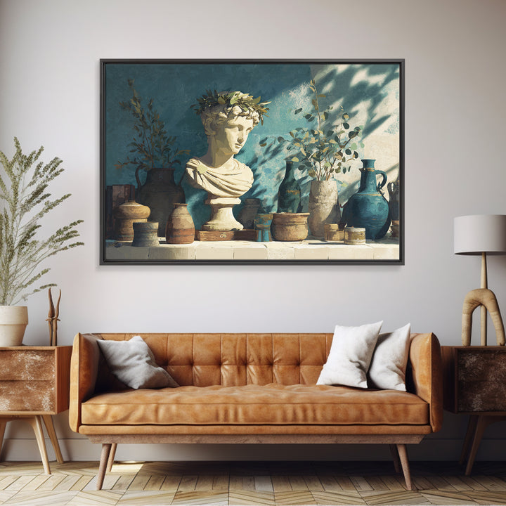 Roman Statue Bust Canvas Print, Mediterranean Art, Digital Wall Art, Living Room Decor, Watercolor Art, Azure, Coastal Wall Art, MAR-3x2-26