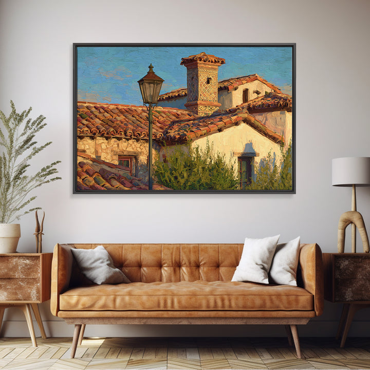 Sunset over Red Tiled Rooftops Framed Canvas Print, Mediterranean Art, Printable Art, Living Room Decor, Fine Art, Azure, MAR-3x2-27